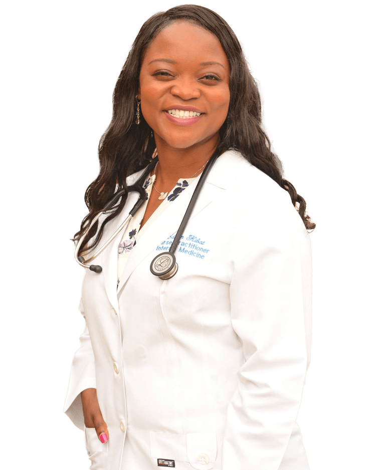 Smiling healthcare professional in a white lab coat, with a stethoscope around her neck, representing expertise in internal medicine.